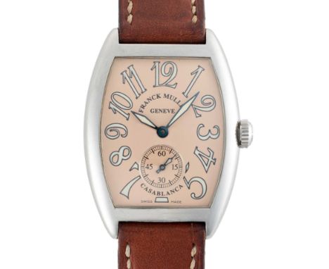 A LADIES MEDIUM SIZE STAINLESS STEEL FRANCK MULLER GENEVE CASABLANCA WRIST WATCHCIRCA 2010, REF. 7502 S6 WITH "SALMON" PINK D