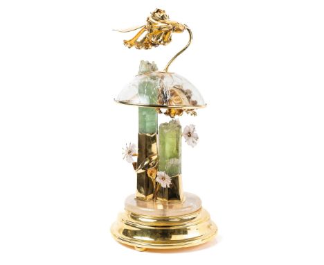 A RARE AND ORNATE SOLID SILVER GILT, ROCK CRYSTAL, QUARTZ & DIAMOND LAMPCIRCA 1980s A solid silver and rock crystal base appr