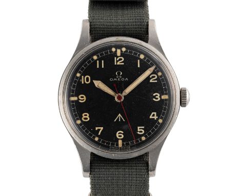 A RARE GENTLEMAN'S STAINLESS STEEL ROYAL RHODESIAN AIR FORCE MILITARY OMEGA PILOTS WRIST WATCH CIRCA 1950s, REF. 2777-1 SC WI