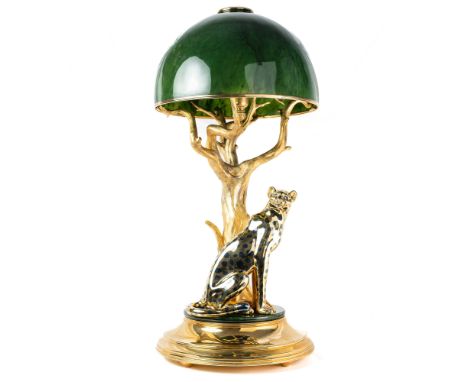 A FINE AND IMPRESSIVE GILT METAL, DIAMOND & AGATE LAMP DEPICTING A CHEETAH SITTING UNDER A TREECIRCA 1980s A circular gilt me