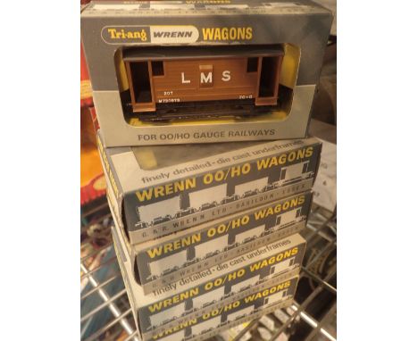 Five boxed Wrenn OO/HO wagons two W46 27P salt wagon cerebos W46 3SP coal wagon Higgs London W46 2DP blue circlecement wagon 