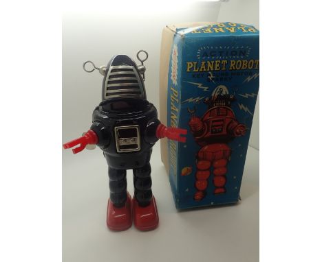 K O Japan Planet Robot clockwork black with red arms and feet working but no spark near Mint box fair H: 22 cm