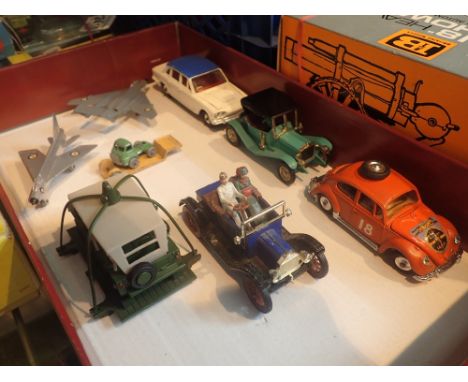 Nine unboxed diecast including Dinky Triumph 2000 Army Mini Moke and Corgi VW Beetle