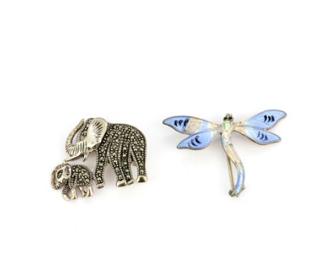 A 925 silver and marcasite elephant brooch, 2.2 x 2.8cm, together with a hallmarked silver and enamelled dragonfly brooch, so