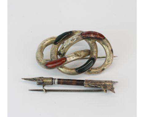 A Victorian silver (tested) agate brooch, W. 4.5cm, together with a white metal and agate arrow brooch.