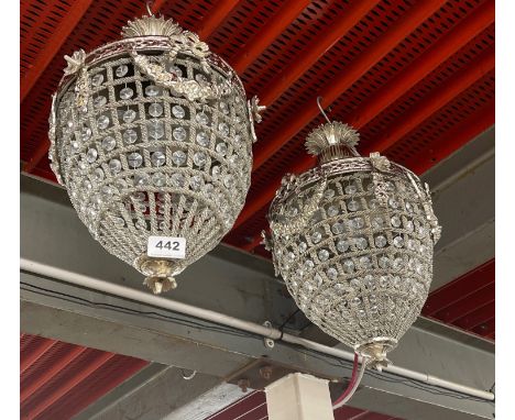 A pair of silvered metal and crystal pineapple shaped chandelier light fittings, H. 42cm.