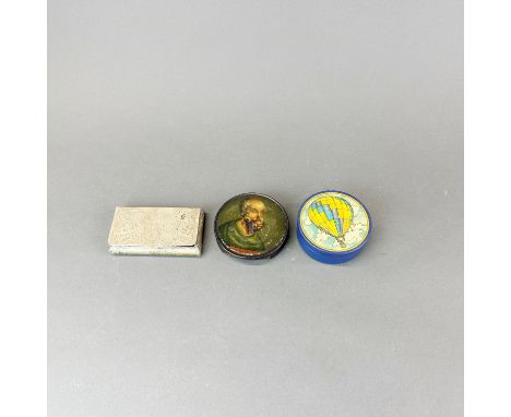 An 18th Century painted turned wood snuff box Dia, 8cm. with two further boxes.