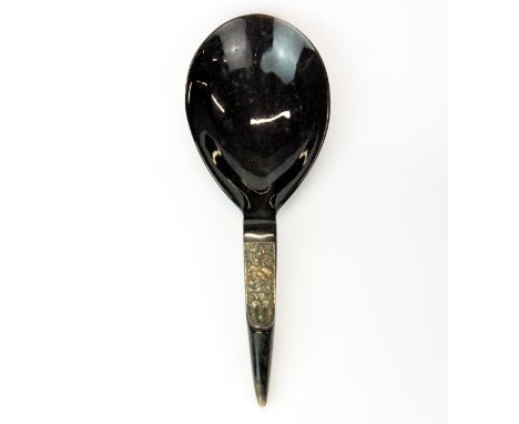 An interesting white metal mounted (tested silver) cattle horn ladle, L. 33cm.