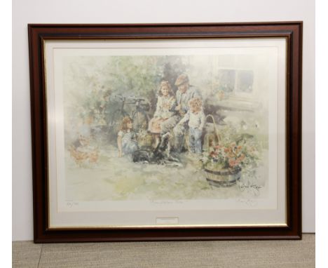 Gordon King (British): A large pencil signed limited edition 672/850 lithograph 'Grandfathers tales', 65 x 81cm.