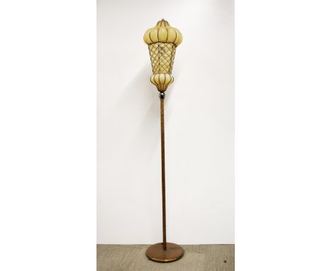 An interesting copper standard lamp with metal and glass Eastern style shade, H. 176cm.