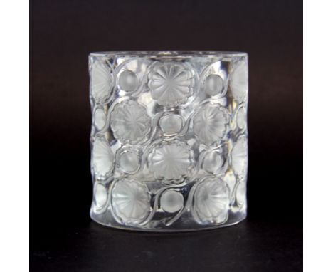 A heavy frosted crystal vase/tea light holder, H. 7.5cm. Dia. 7.5cm. Engraved Lalique France.