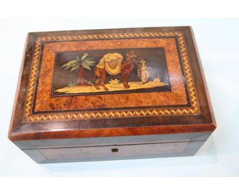 An inlaid walnut work box, a walnut tea caddy and a walnut box
