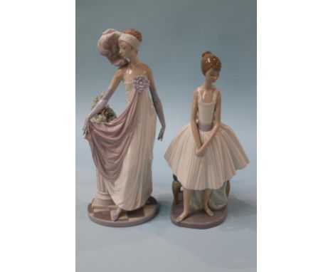 A Lladro figure of a lady in 1920's style dress and a Nao figure