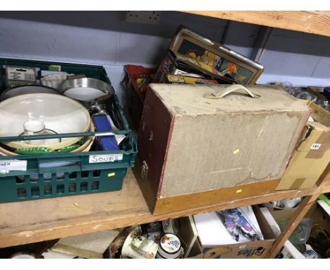 A shelf of assorted, to include a sewing machine