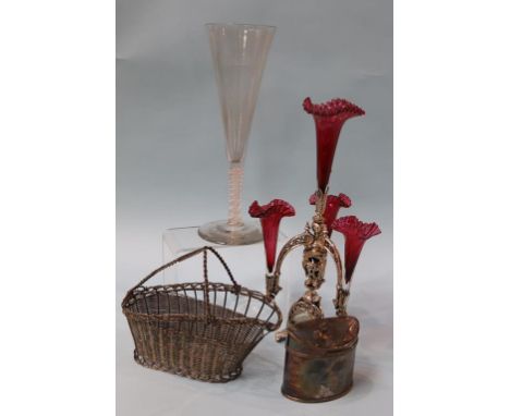 A silver plated epergne, a plated wine bottle holder, a very tall trumpet shaped air twist glass, 34cm height, and an oval ca