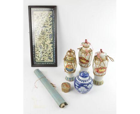 Pair of Cantonese enamel ginger jars of baluster form, ( one still with contents) another smaller, a prunus decorated ginger 