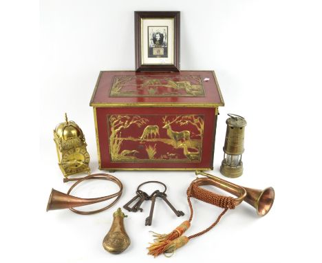 Various items to include a copper bugle, a copper hunting horn, a copper powder flask, 19th century, a bunch of five keys, a 