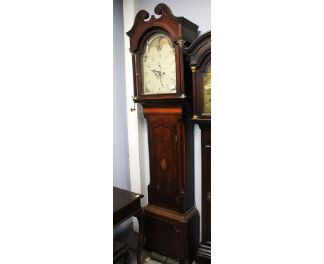 An Oak and mahogany long case clock, late 18th/early 19th Century, the hood with swan neck cresting, above brass Corinthian c