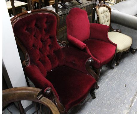 A Victorian mahogany and upholstered spoon back armchair, the cabriole legs with brass castors, H 106cm, together with a Vict