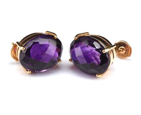 A pair of amethyst earrings, set with oval checkerboard cut amethyst 16x13mm, with post and butterfly fittings, stamped 18 ct