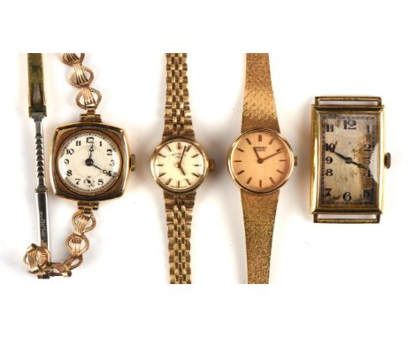 Three 18 ct gold watch cases including a Seiko round dial quartz movement watch with integral bracelet, a rectangular watch f