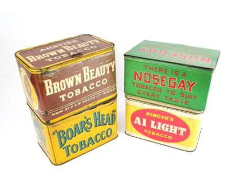 Four early 20th century Tobacco advertising tins comprising ; 'Nosegay', 'A1 Light', 'Boars Head' and 'Brown Beauty'.  The la