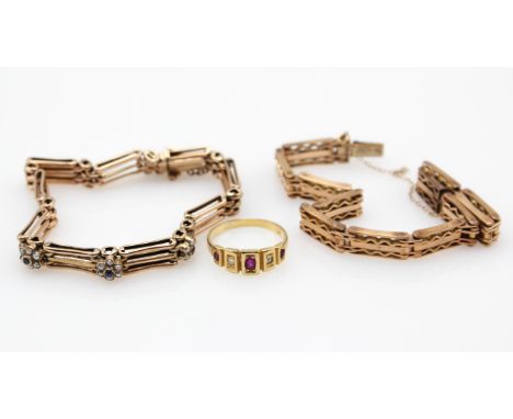 Two gate bracelets and a ruby and diamond ring, including one set with three floral seed pearl and sapphires clusters, and a 
