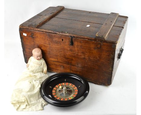 An early 20th century pine chest, 66cm wide, an early 20th century, oak, drop dial wall clock, a Kramer & Rhienhart bisque he