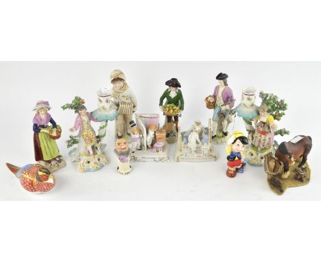 A quantity of ceramics including ; a pair of Chelsea Derby style porcelain candelabra, a Royal Crown Derby imari decorated pa