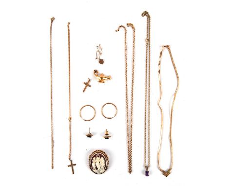 A selection of 9 ct gold, including a cameo brooch, a necklace, four chains, three pendants, three pairs of earrings and a la