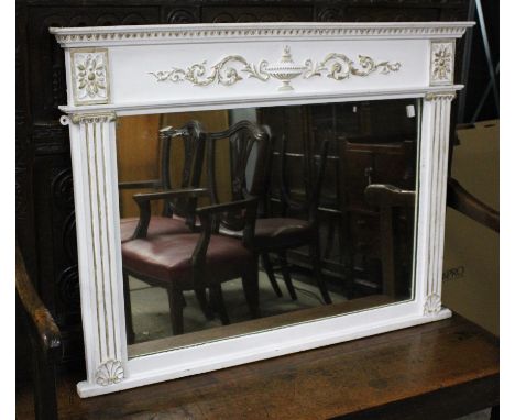 A Regency style cream painted and gilt decorated overmantel mirror, the plate flanked by fluted columns, H 76cm, W 107cmCondi