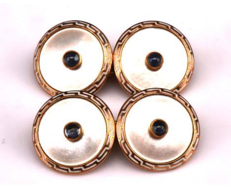1920's enamel mother of pearl and sapphire set cufflinks, 13mm in diameter, mounted on 18 ct gold, in presentation boxConditi