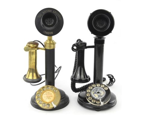 A vintage Ericsson candlestick telephone with brass receiver detailed 'THE BRITISH ERICSSON TELEPHONE' and one further candle