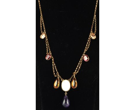 Gem set festoon necklace, set with pear drop citrine and amethysts and an oval opal cabochon, hung on a belcher chain with sp
