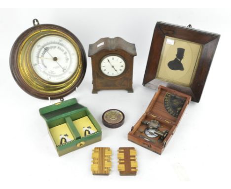 A group of collectables including ; a Victorian silhouette of a gentleman in a top hat, housed in a rosewood frame, 24.5cm x 