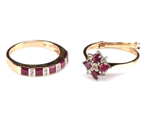 Ruby and diamond cluster ring, and a ruby and diamond half eternity ring, both in 9 ct, both ring size N Condition Report:  G