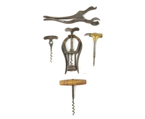 A late 19th century Lund two piece patent steel corkscrew, a James Heeley & Sons double lever steel corkscrew and two further