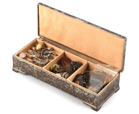 White metal jewellery box containing costume jewellery and two 9 ct rings, including a wedding band tested as 9 ct size M, a 