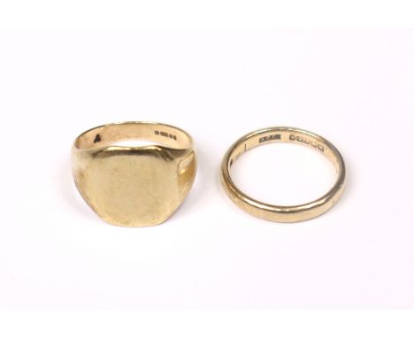 A 9ct. gold signet ring; &amp; a 9ct gold wedding band. (5.5gm total).