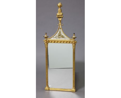 A Regency-style small pier glass in giltwood &amp; gesso frame with inset verre eglomise panel to the pagoda top, with foliat