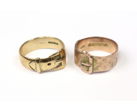 A late Victorian 9ct. gold engraved buckle ring, Birmingham 1876, size: S, 5gm; &amp; a modern ditto, Sheffield 1977, size: V