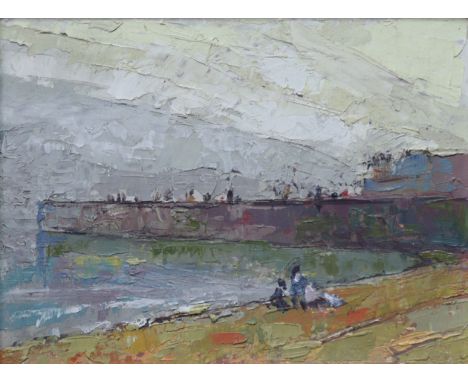 SONIA ODELL (Contemporary) Figures on the coast, Oil on panel, 15cm x 25cm, in painted frame (26cm x 31cm); together with a p