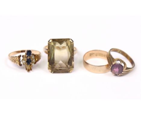 A 9ct. gold ring set large rectangular-cut citrine, size Q/R, weight: 8gm; another set oval amethyst (?), size: K, weight: 2.