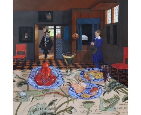TOM ELLIOTT (b. 1965) “A Late Guest”, signed &amp; dated 2011, acrylic on panel: 88cm x 88cm, in painted rectangular frame (1