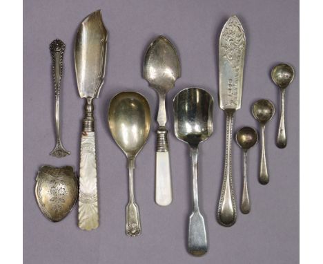 An early Victorina silver butter knife with carved moth-of-pearl handle, Birmingham 1838 by George Unite; another butter knif
