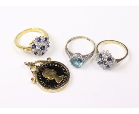 Two 9ct. gold gem-set dress rings; a gilt-metal ditto set synthetic stones; &amp; an enamel decorated 1966 sixpence coin moun