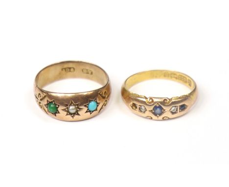 A late Victorian 15ct. gold ring set three small sapphires (one missing) &amp; two tiny rose diamonds, Birmingham 1895, size: