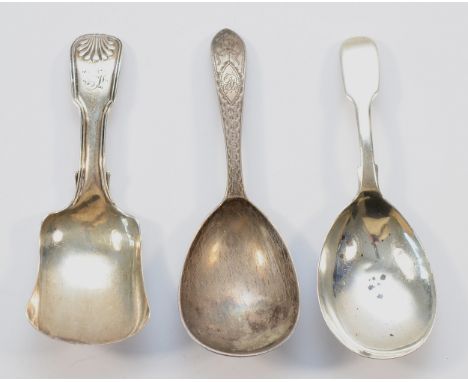 Three silver caddy spoons, London 1854, 1864, Birmingham 1836, 37gm. (3)