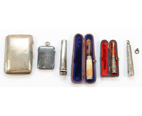A silver cigarette case, Birmingham 1920, a silver vesta case, two silver cheroot holder cases and two silver mounted cheroot