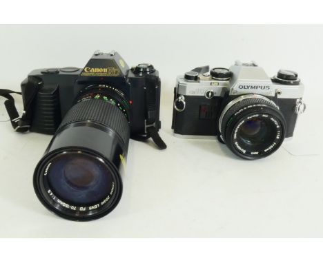 Two film cameras, to include, an Olympus OM10 with an Olympus OM-System Zuiko f/1.8 50mm lens and a Canon T50 with a Canon FD